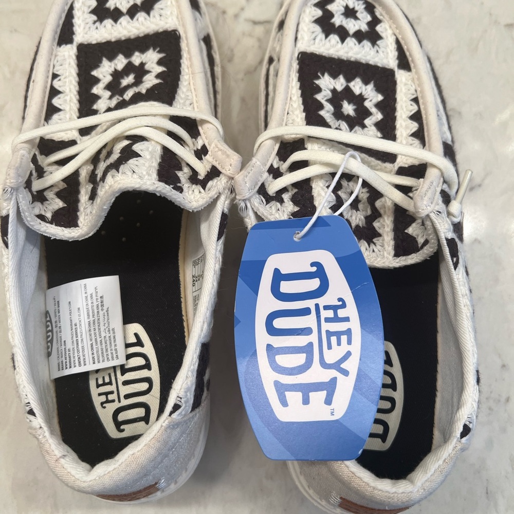 Hey Dude Black and White Crochet Woman’s Loafers